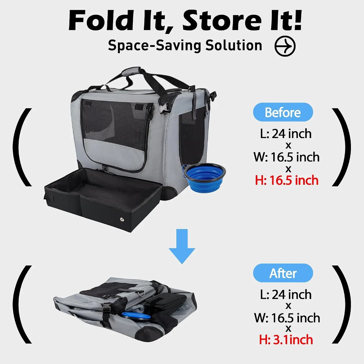 Large Cat Carrier 24x16.5x16.5in Soft-Sided Portable Pet Crate for Car Travel with Collapsible Litter Box & Bowl