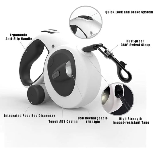 Upgrade 4-in-1 Retractable Dog Leash with LED Light, Dispenser & Poop Bags, 16ft Heavy Duty Leash for Dogs up to 44 lbs, 360° Fr