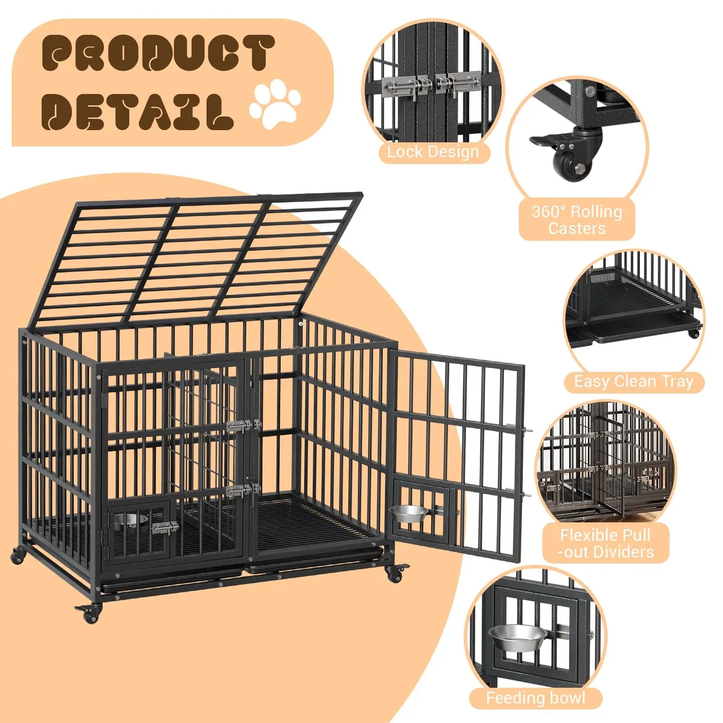 48" Heavy Duty Metal Dog Crate With Divider Wheels Feeding Doors Stackable Foldable Indoor Pet Kennel For Large Dogs