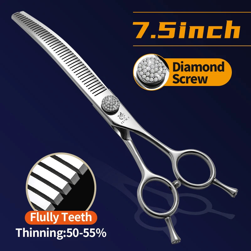 Fenice 7.0/7.5 inch Professional Dog Grooming Shears Curved Thinning Scissors for Dog Face Body Cutiing JP 440C High Quality