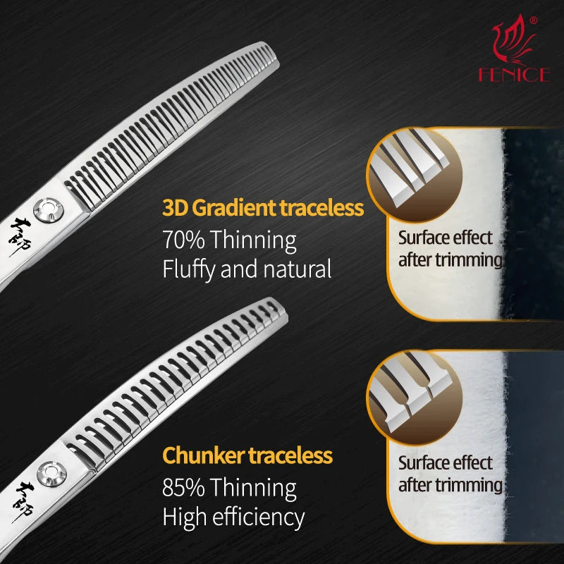 Fenice Master Series 7.0 Inch JP440C 3D Gradient Traceless Teeth Pet Curved Natural/Chunker Scissors Specialised for Pet Groomer