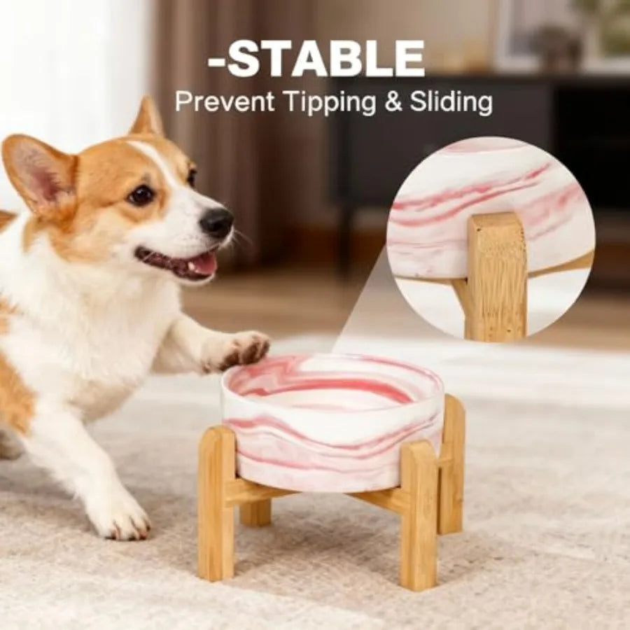 Elevated/Raised Ceramic Dog Bowl with Bamboo StandMarble Pattern 7 Inch 7.6 Cups Non Slip Heavy Weighted Single Pet Dish Anti T