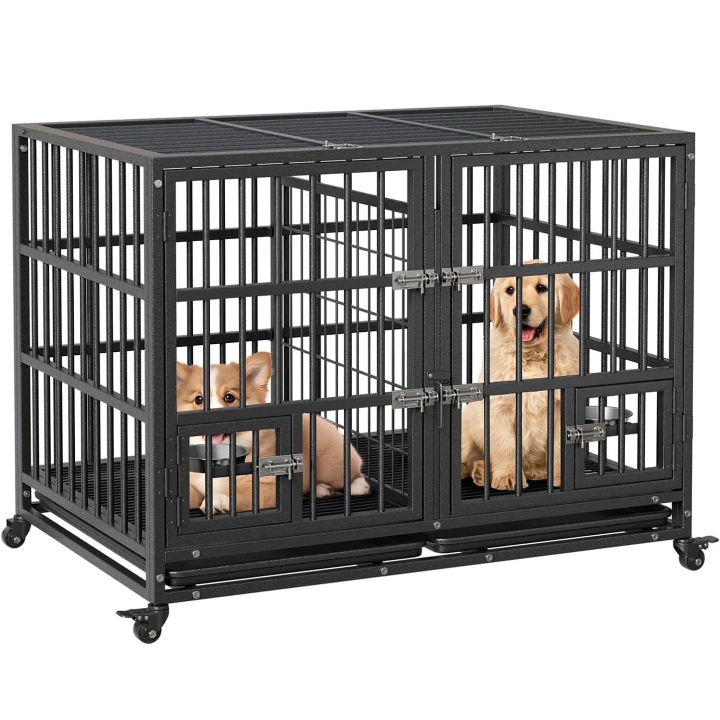 48" Heavy Duty Metal Dog Crate With Divider Wheels Feeding Doors Stackable Foldable Indoor Pet Kennel For Large Dogs