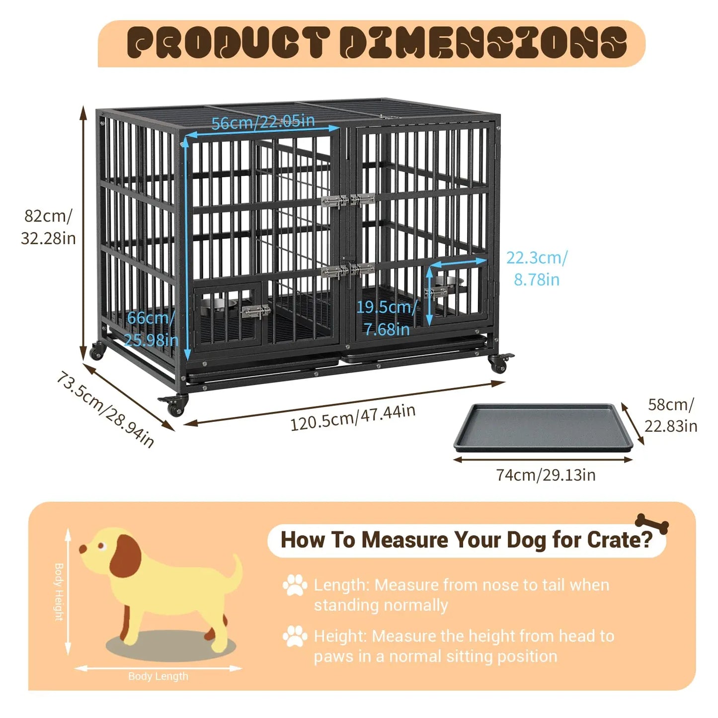 48" Heavy Duty Metal Dog Crate With Divider Wheels Feeding Doors Stackable Foldable Indoor Pet Kennel For Large Dogs