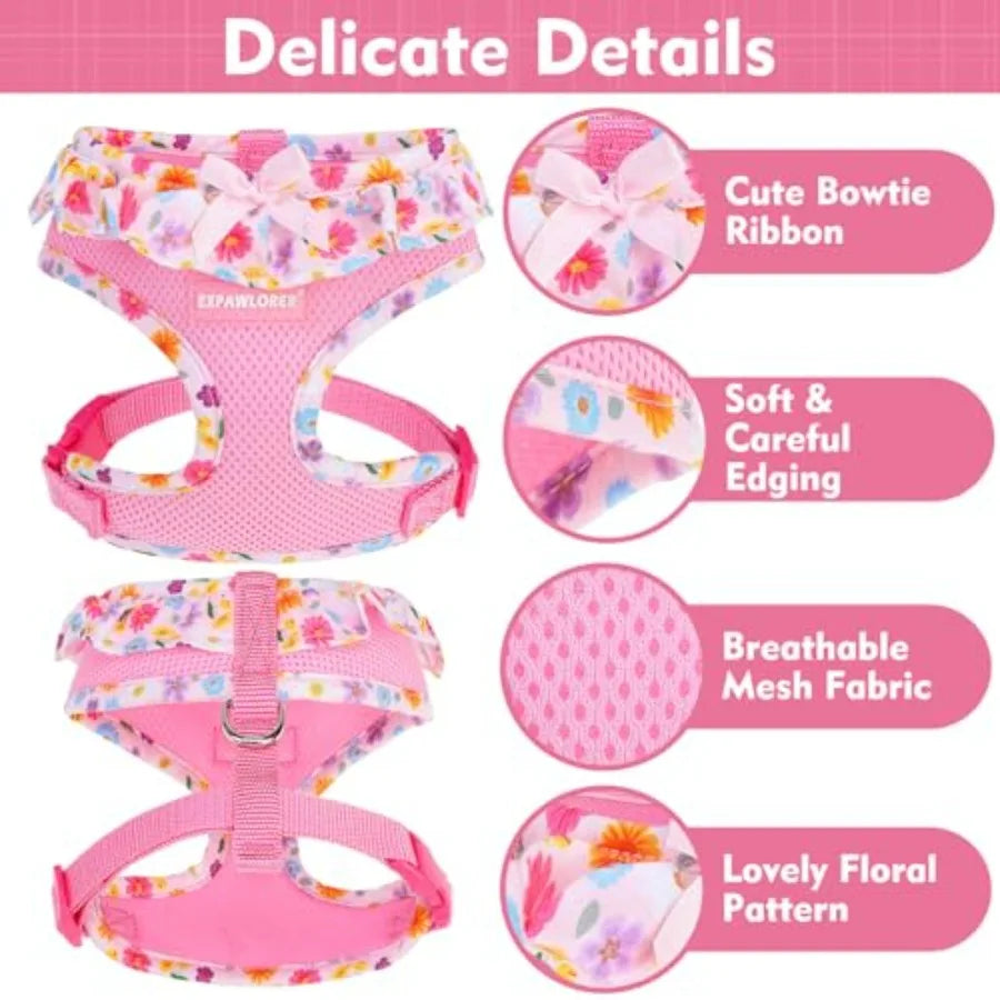 Cute Dog Harness Collar Leash Set - Girl Dog Harness Checke Step-in Design, Adjustable No-Choke Lightweight Mesh Vest for Cats