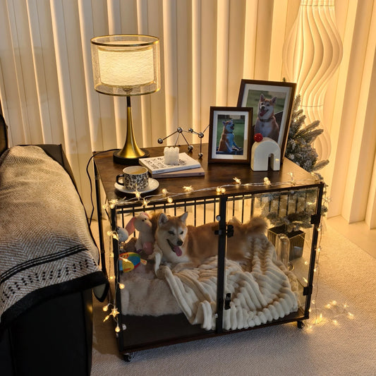Dog Crate Furniture-Style Cages for Small and Medium Dog Rolling Tempered Glass Pet Kennels End Table Anti-bite