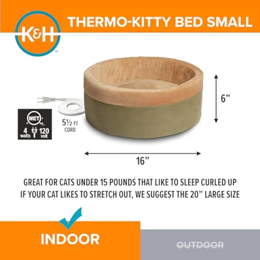 Heated Cat Bed for Indoor Cats, Dogs, and Pets - Round Walled Thermo-Kitty Bed with Removable Waterproof Cat Heating Pad, Machi