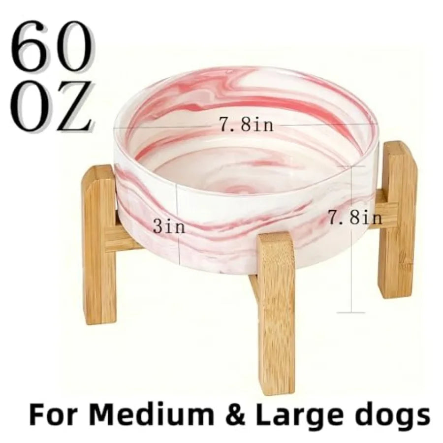 Elevated/Raised Ceramic Dog Bowl with Bamboo StandMarble Pattern 7 Inch 7.6 Cups Non Slip Heavy Weighted Single Pet Dish Anti T