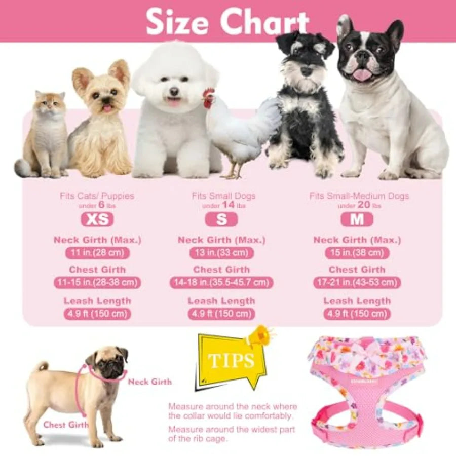 Cute Dog Harness Collar Leash Set - Girl Dog Harness Checke Step-in Design, Adjustable No-Choke Lightweight Mesh Vest for Cats