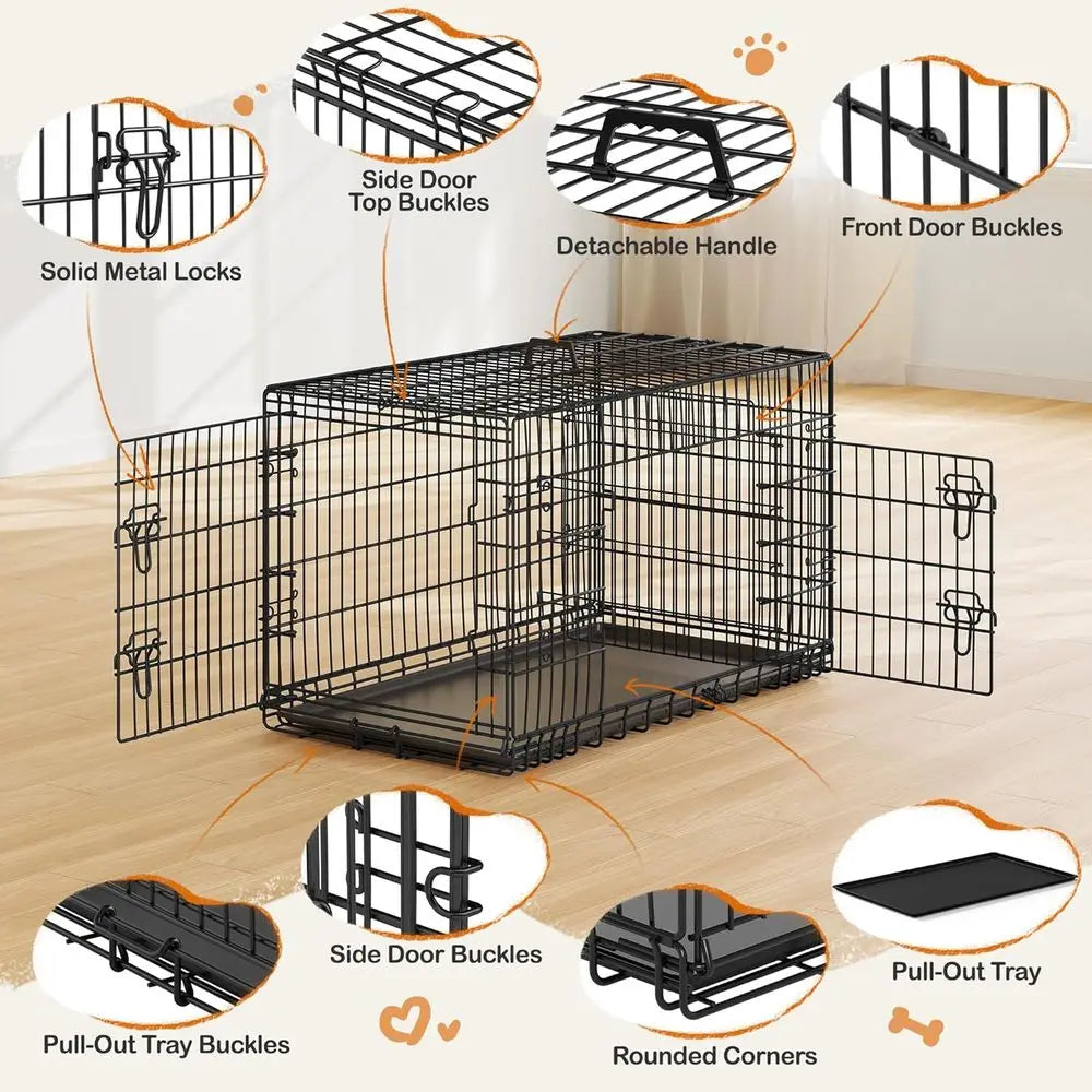 XL Collapsible Metal Dog Crate with Divider and Removable Tray, Ideal for Large Dogs, Portable Travel Cage, Black