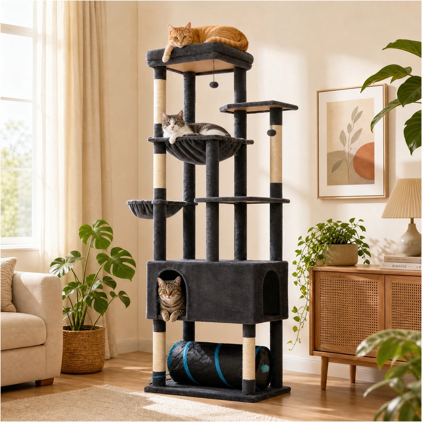 Tall Cat Tree with Large Condo Sisal Scratching Posts Oversized Perch Spacious Hammocks Multi-Level Cat Tower with Cat Tunnel Large Cat Furniture for Indoor Big Cats