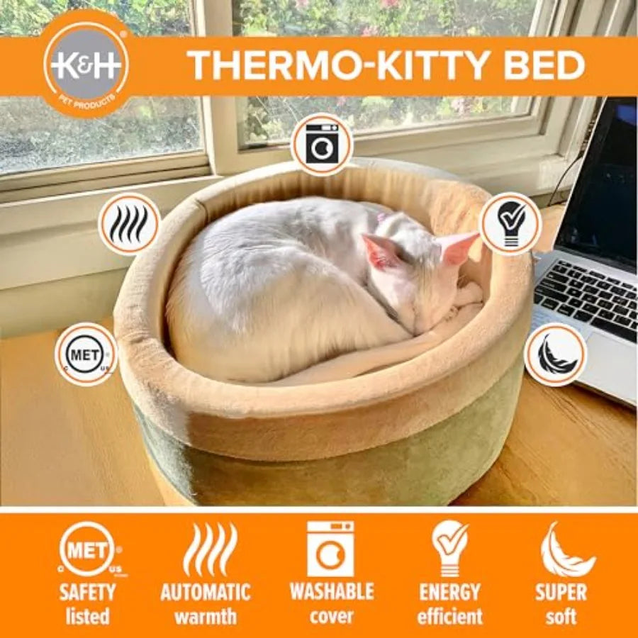 Heated Cat Bed for Indoor Cats, Dogs, and Pets - Round Walled Thermo-Kitty Bed with Removable Waterproof Cat Heating Pad, Machi