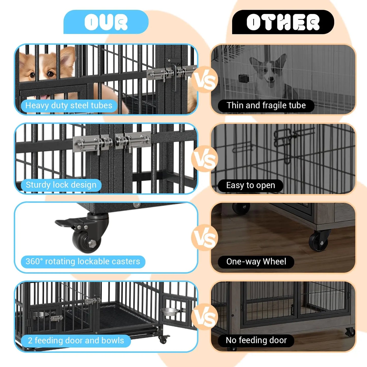 48" Heavy Duty Metal Dog Crate With Divider Wheels Feeding Doors Stackable Foldable Indoor Pet Kennel For Large Dogs