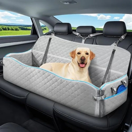 Large Dog Car Seat for Backseat Use, Premium Polyester Fabric in Gray, Extra-Thick Cushioning and Dual Safety Leashes, Detachab
