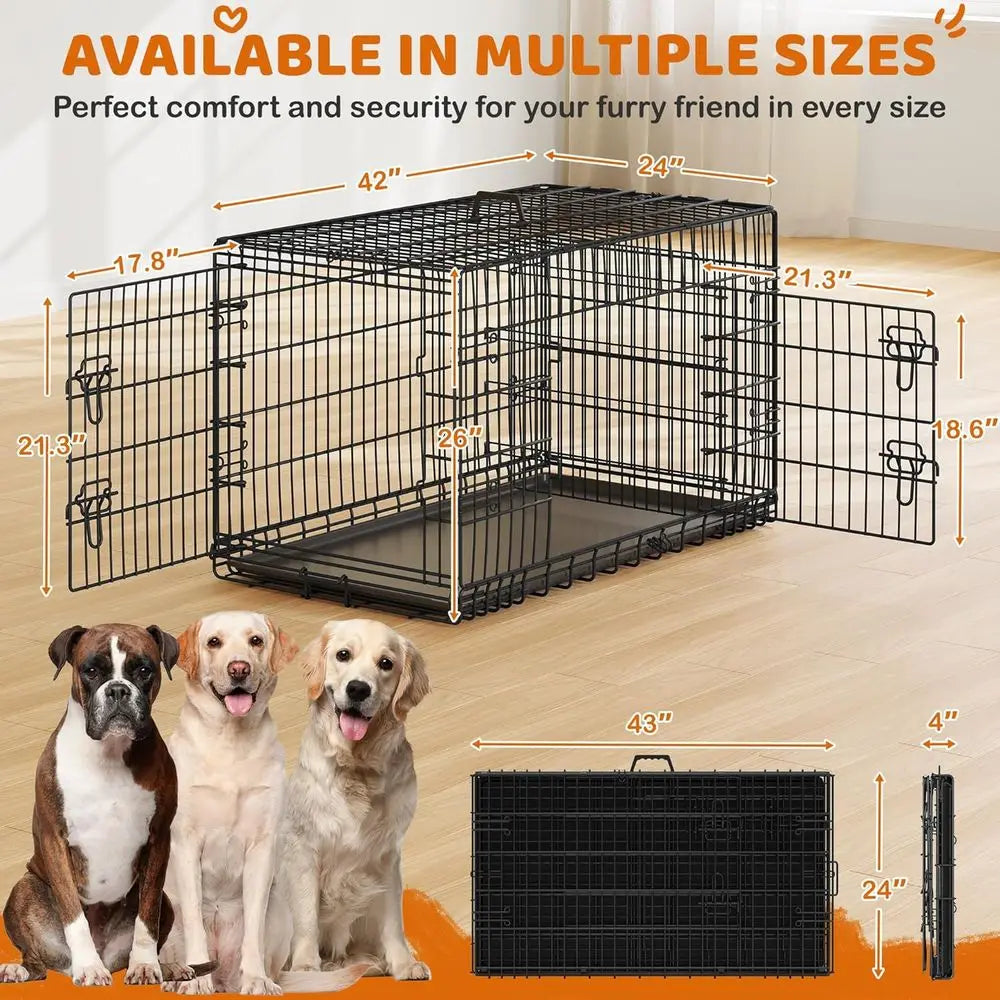 XL Collapsible Metal Dog Crate with Divider and Removable Tray, Ideal for Large Dogs, Portable Travel Cage, Black