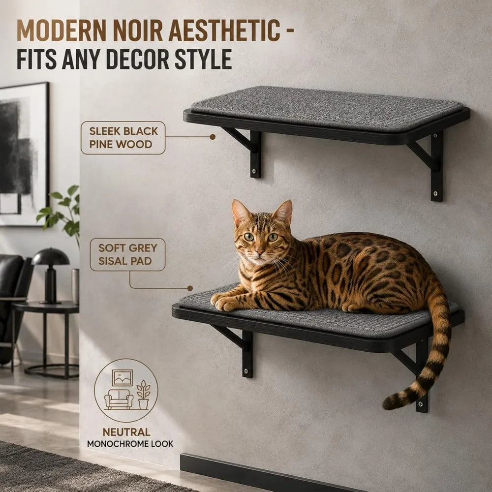 Cat Wall Shelves Set of 2, Solid Wood Window Perch with Grey Sisal Cushion, Wall-Mounted Space-Saving Climbing Bed for Kittens & Cats, Black