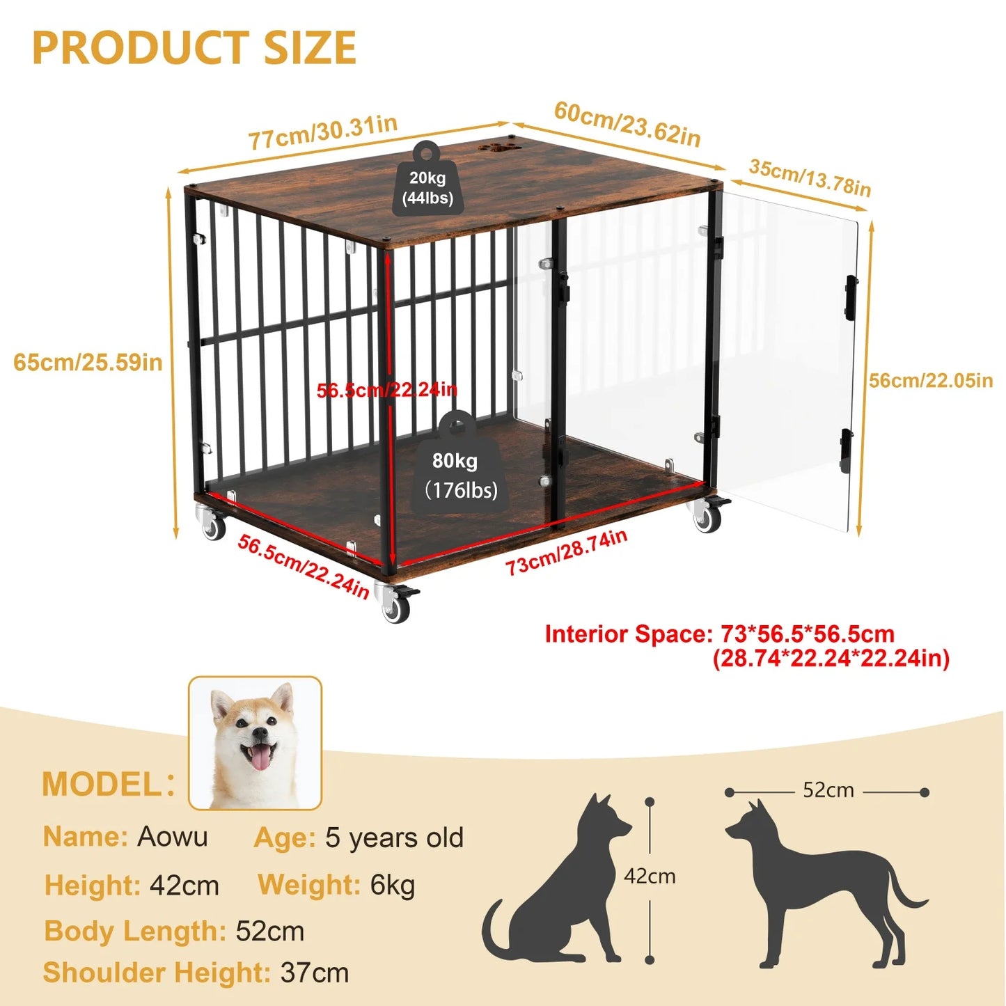 Dog Crate Furniture-Style Cages for Small and Medium Dog Rolling Tempered Glass Pet Kennels End Table Anti-bite