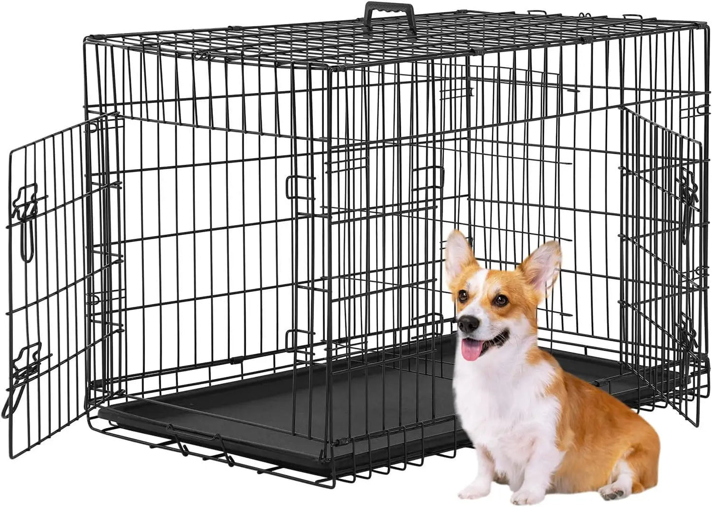 Large Medium Dog Crate Kennel, 36" Metal Double-Door Folding Indoor Outdoor Pet Cage with Divider, Handle, Plastic Tray
