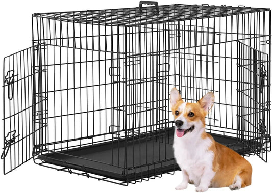 Large Medium Dog Crate Kennel, 36" Metal Double-Door Folding Indoor Outdoor Pet Cage with Divider, Handle, Plastic Tray