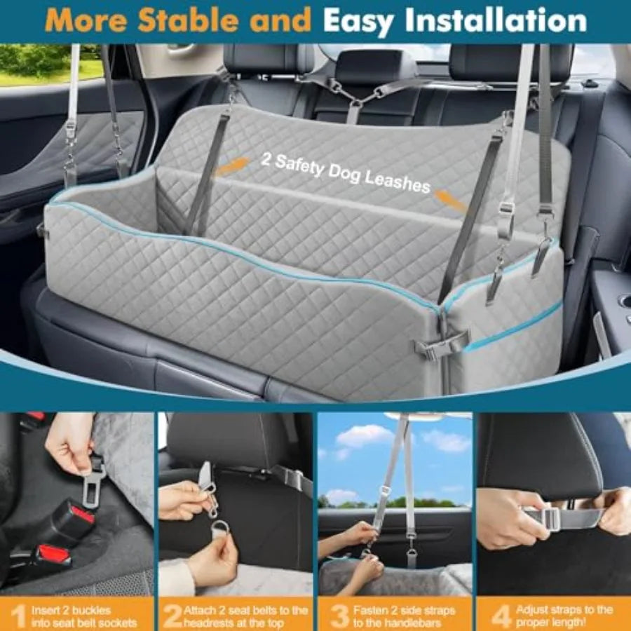 Large Dog Car Seat for Backseat Use, Premium Polyester Fabric in Gray, Extra-Thick Cushioning and Dual Safety Leashes, Detachab