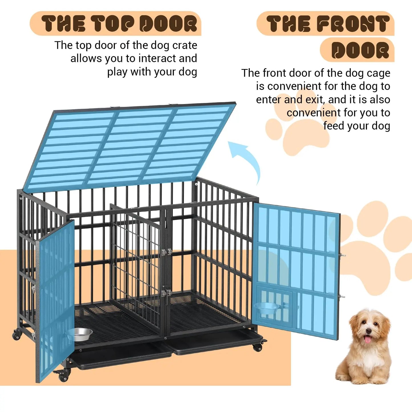 48" Heavy Duty Metal Dog Crate With Divider Wheels Feeding Doors Stackable Foldable Indoor Pet Kennel For Large Dogs