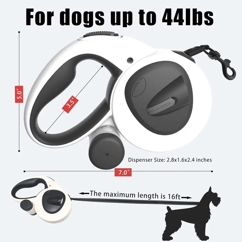 Upgrade 4-in-1 Retractable Dog Leash with LED Light, Dispenser & Poop Bags, 16ft Heavy Duty Leash for Dogs up to 44 lbs, 360° Fr