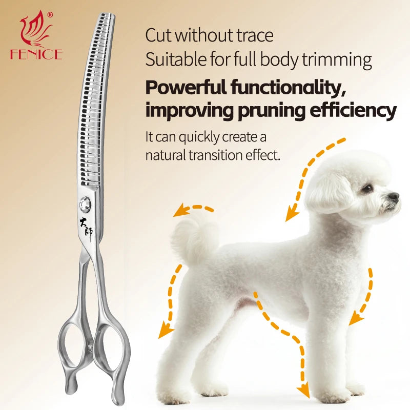 Fenice Master Series 7.0 Inch JP440C 3D Gradient Traceless Teeth Pet Curved Natural/Chunker Scissors Specialised for Pet Groomer