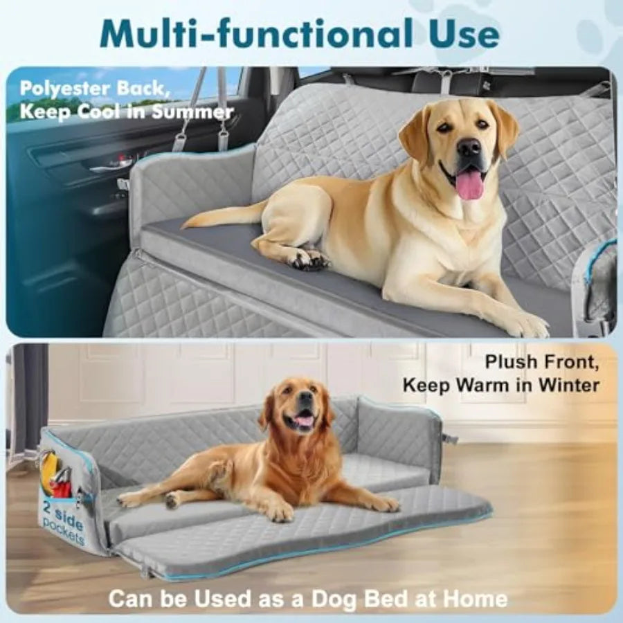 Large Dog Car Seat for Backseat Use, Premium Polyester Fabric in Gray, Extra-Thick Cushioning and Dual Safety Leashes, Detachab