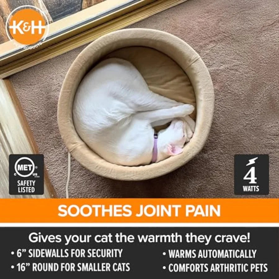 Heated Cat Bed for Indoor Cats, Dogs, and Pets - Round Walled Thermo-Kitty Bed with Removable Waterproof Cat Heating Pad, Machi