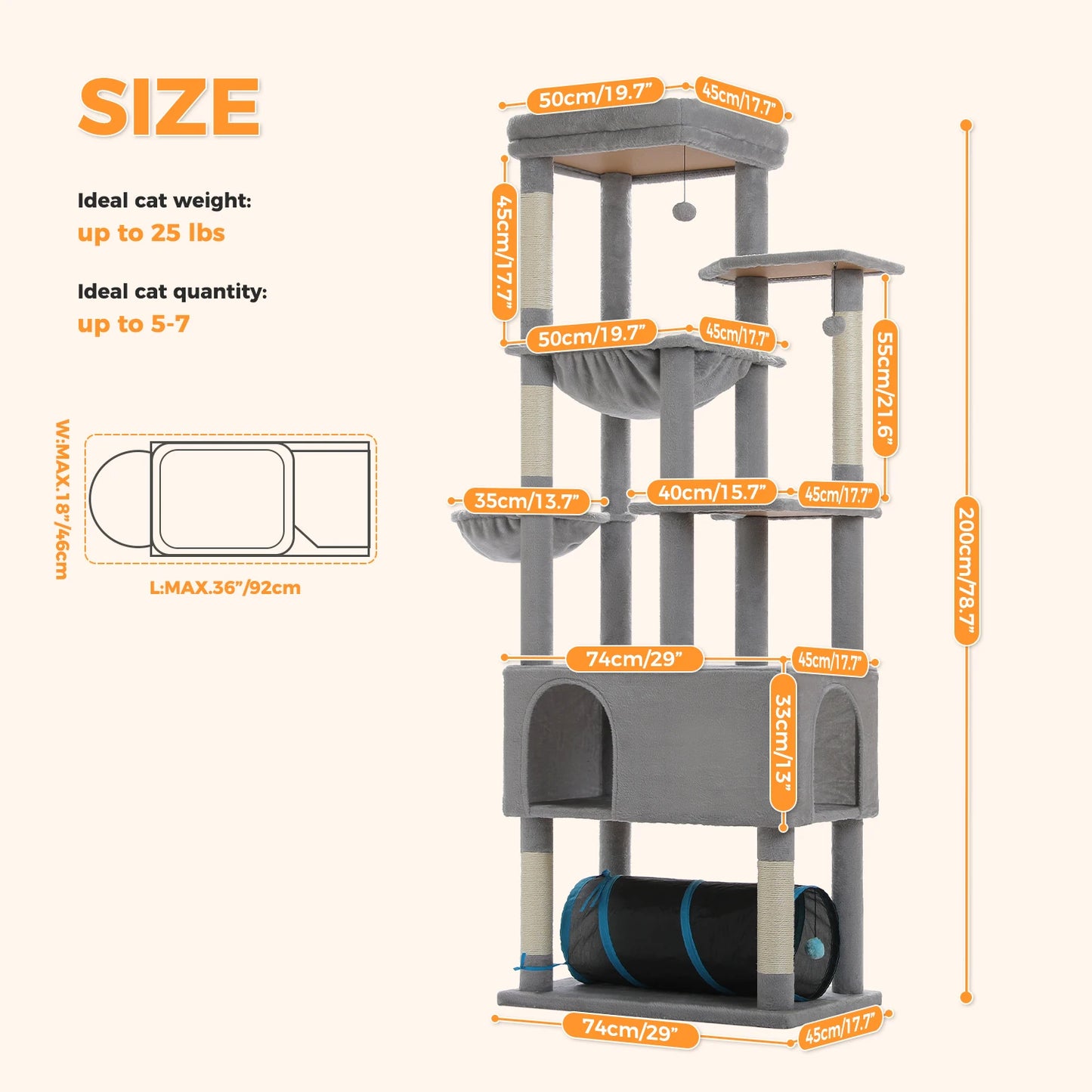 Tall Cat Tree with Large Condo Sisal Scratching Posts Oversized Perch Spacious Hammocks Multi-Level Cat Tower with Cat Tunnel Large Cat Furniture for Indoor Big Cats