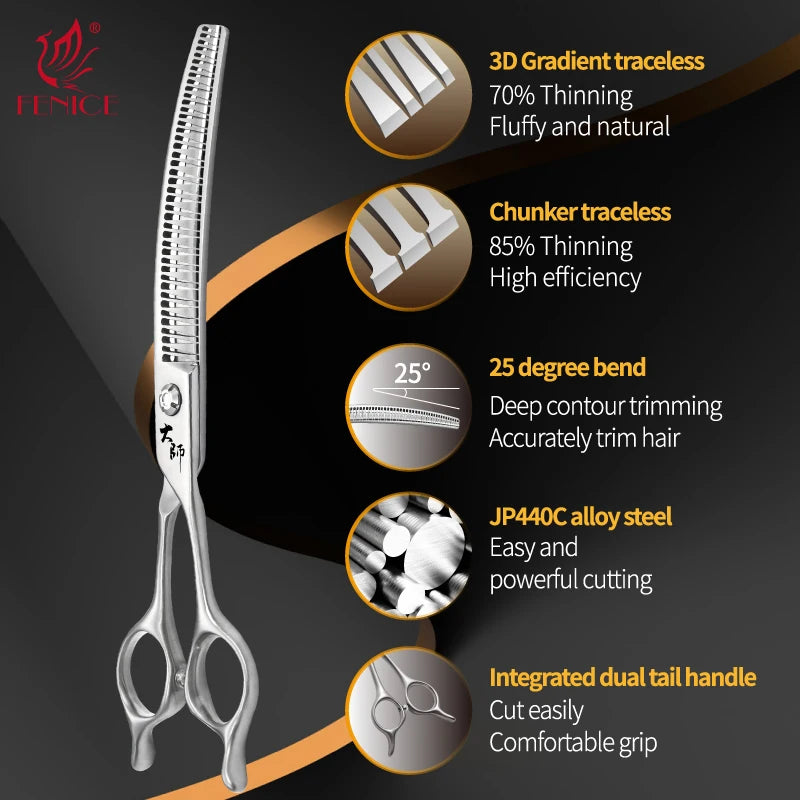 Fenice Master Series 7.0 Inch JP440C 3D Gradient Traceless Teeth Pet Curved Natural/Chunker Scissors Specialised for Pet Groomer