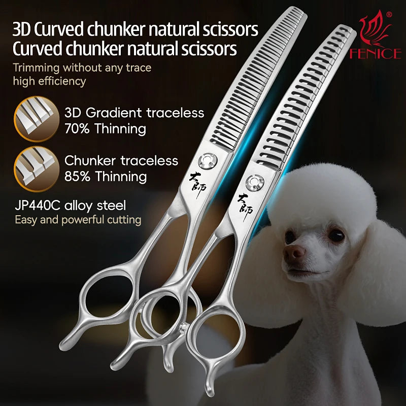 Fenice Master Series 7.0 Inch JP440C 3D Gradient Traceless Teeth Pet Curved Natural/Chunker Scissors Specialised for Pet Groomer