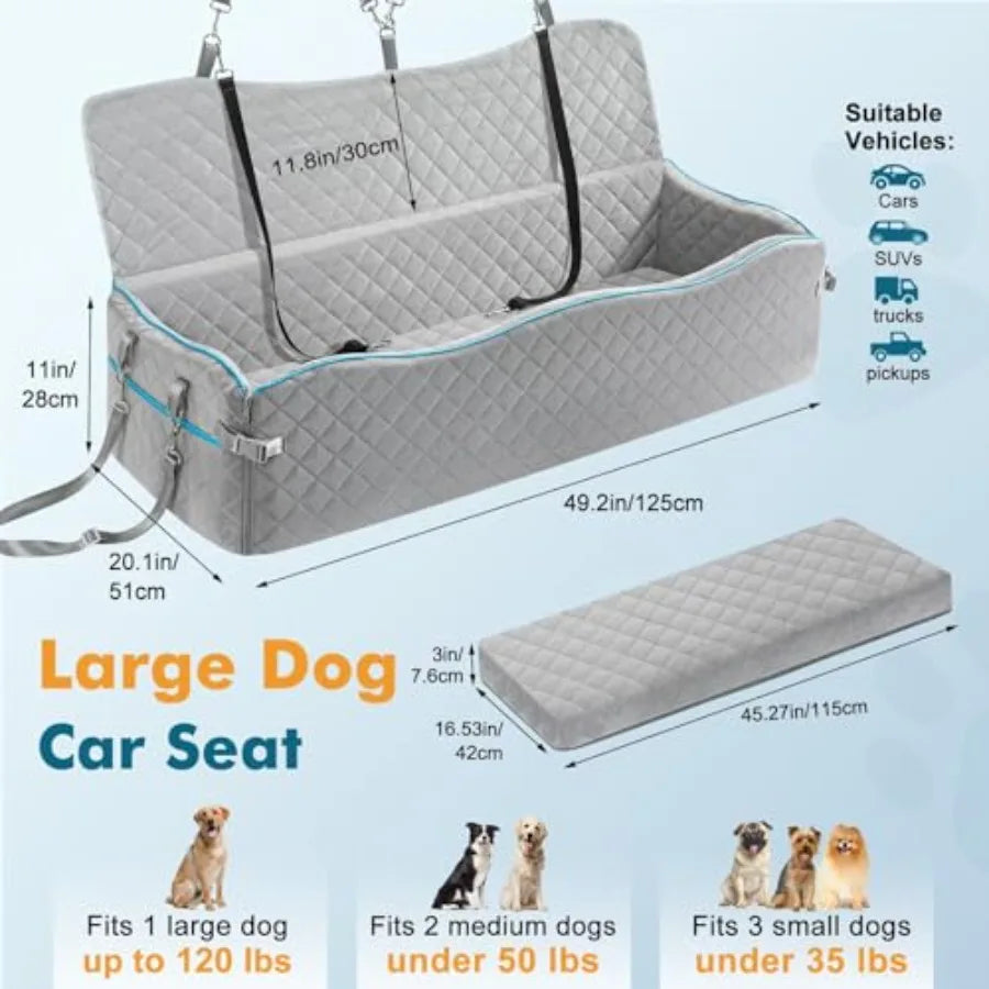 Large Dog Car Seat for Backseat Use, Premium Polyester Fabric in Gray, Extra-Thick Cushioning and Dual Safety Leashes, Detachab