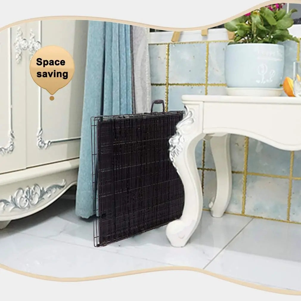 Large Medium Dog Crate Kennel, 36" Metal Double-Door Folding Indoor Outdoor Pet Cage with Divider, Handle, Plastic Tray