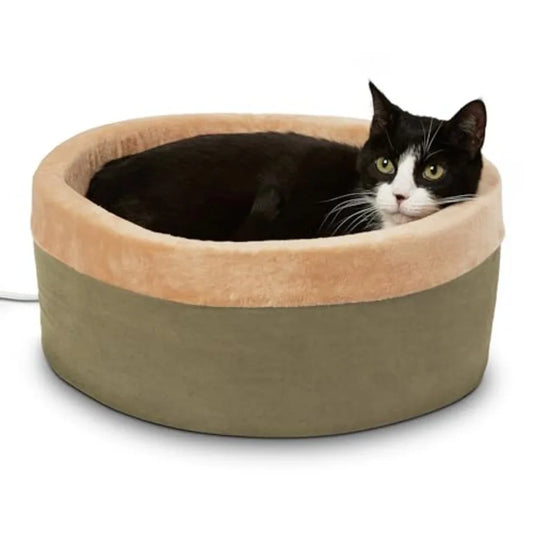 Heated Cat Bed for Indoor Cats, Dogs, and Pets - Round Walled Thermo-Kitty Bed with Removable Waterproof Cat Heating Pad, Machi