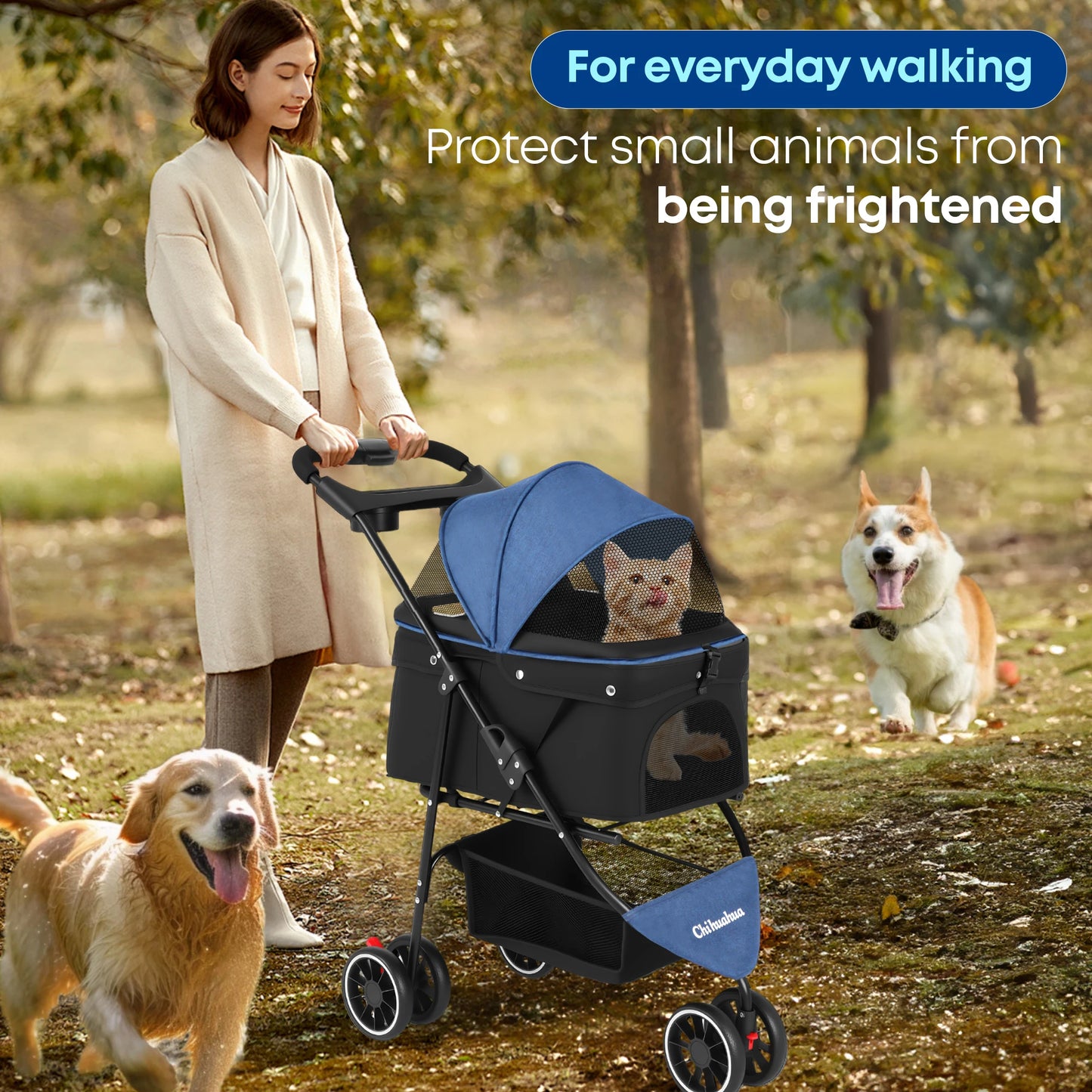 3 Wheels Pet Stroller Dog And Cat Strollers Storage Basket And Cup Holder For Small Pets Outdoor Walk