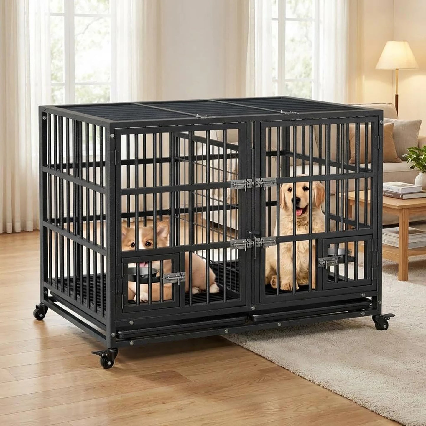 48" Heavy Duty Metal Dog Crate With Divider Wheels Feeding Doors Stackable Foldable Indoor Pet Kennel For Large Dogs