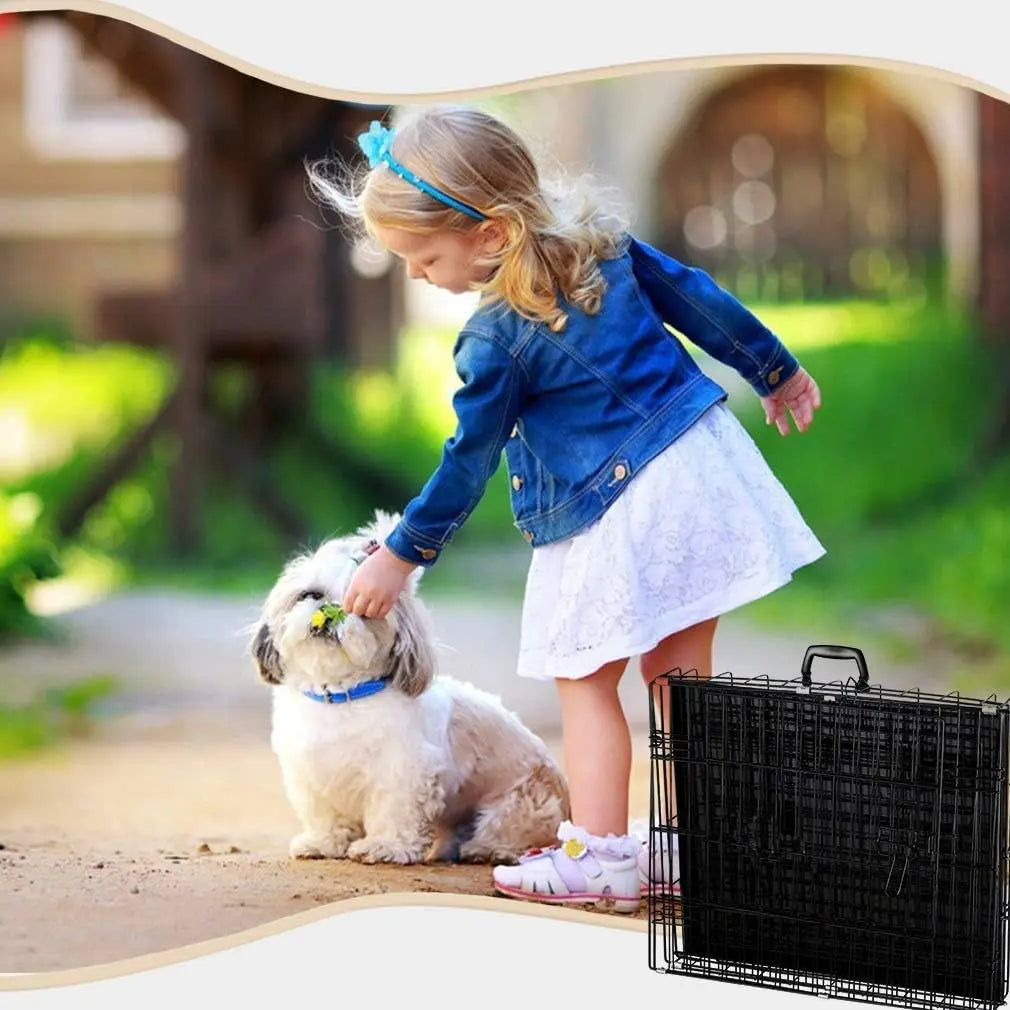 Large Medium Dog Crate Kennel, 36" Metal Double-Door Folding Indoor Outdoor Pet Cage with Divider, Handle, Plastic Tray