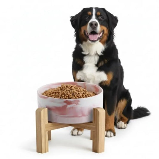 Elevated/Raised Ceramic Dog Bowl with Bamboo StandMarble Pattern 7 Inch 7.6 Cups Non Slip Heavy Weighted Single Pet Dish Anti T