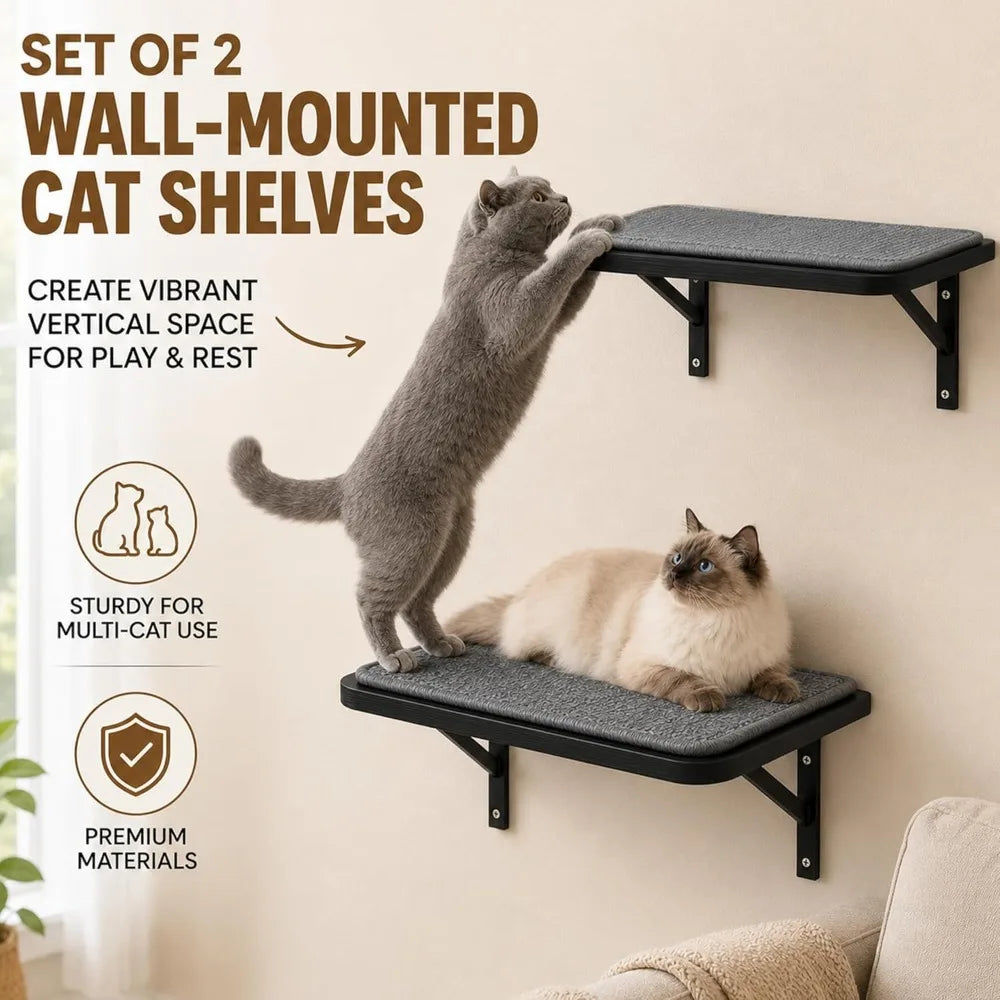 Cat Wall Shelves Set of 2, Solid Wood Window Perch with Grey Sisal Cushion, Wall-Mounted Space-Saving Climbing Bed for Kittens & Cats, Black
