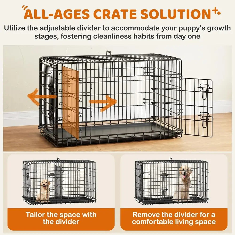 XL Collapsible Metal Dog Crate with Divider and Removable Tray, Ideal for Large Dogs, Portable Travel Cage, Black