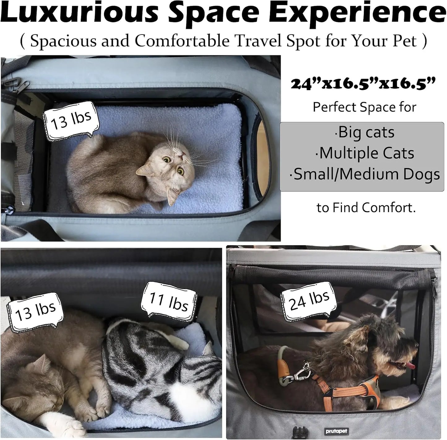 Large Cat Carrier 24x16.5x16.5in Soft-Sided Portable Pet Crate for Car Travel with Collapsible Litter Box & Bowl