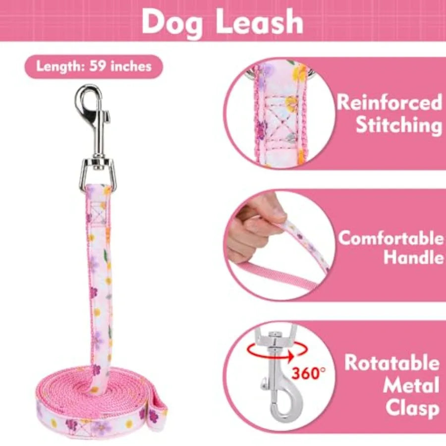 Cute Dog Harness Collar Leash Set - Girl Dog Harness Checke Step-in Design, Adjustable No-Choke Lightweight Mesh Vest for Cats