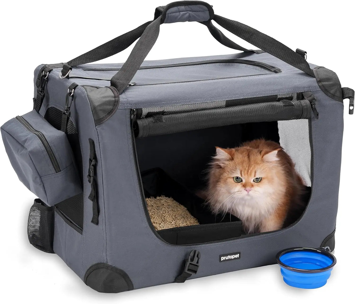 Large Cat Carrier 24x16.5x16.5in Soft-Sided Portable Pet Crate for Car Travel with Collapsible Litter Box & Bowl
