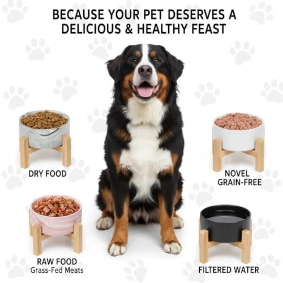Elevated/Raised Ceramic Dog Bowl with Bamboo StandMarble Pattern 7 Inch 7.6 Cups Non Slip Heavy Weighted Single Pet Dish Anti T