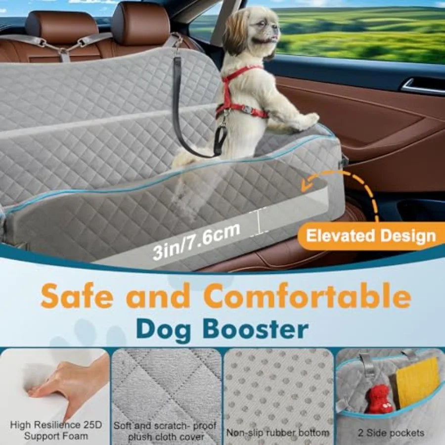 Large Dog Car Seat for Backseat Use, Premium Polyester Fabric in Gray, Extra-Thick Cushioning and Dual Safety Leashes, Detachab
