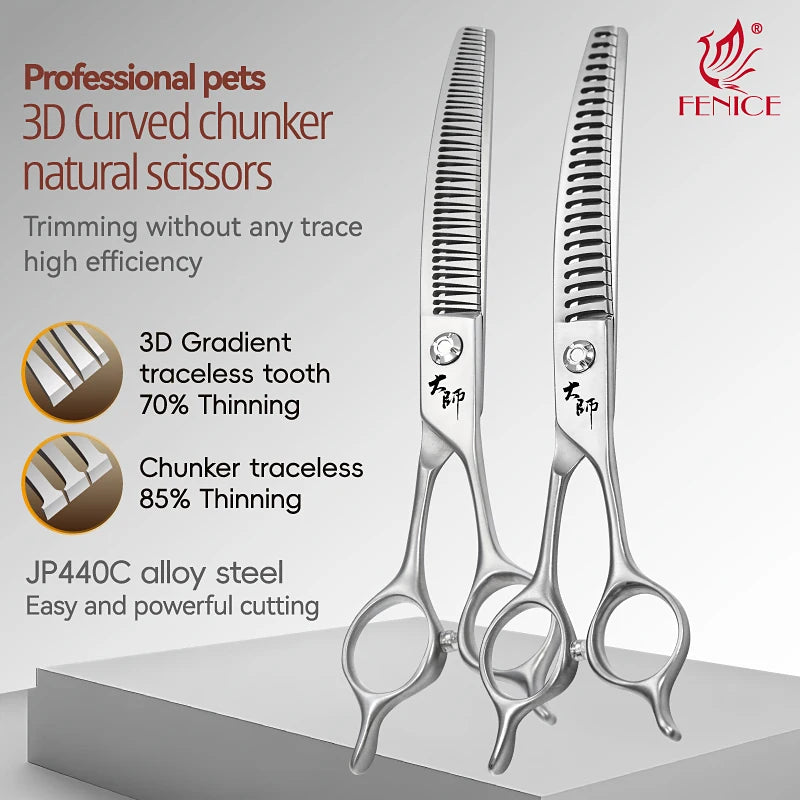 Fenice Master Series 7.0 Inch JP440C 3D Gradient Traceless Teeth Pet Curved Natural/Chunker Scissors Specialised for Pet Groomer