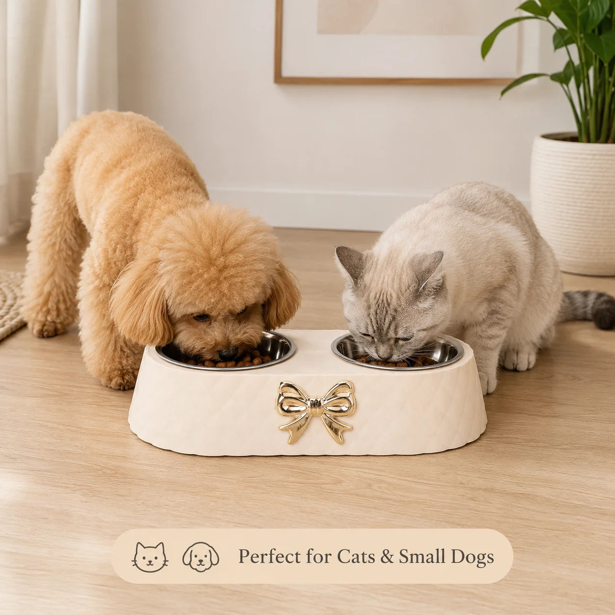 Double Stainless Steel Pet Bowl for Cats and Small Dogs, Food and Water Bowl Set with Anti-Slip Base and Cute Bow Accent