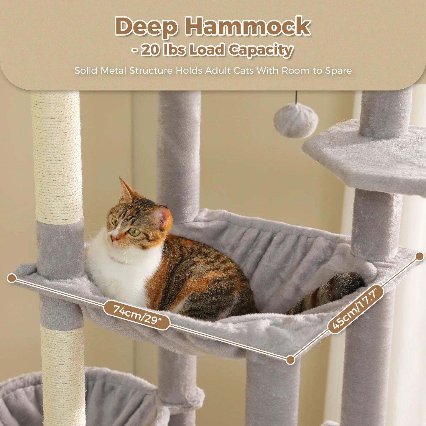 Tall Cat Tree with Large Condo Sisal Scratching Posts Oversized Perch Spacious Hammocks Multi-Level Cat Tower with Cat Tunnel Large Cat Furniture for Indoor Big Cats