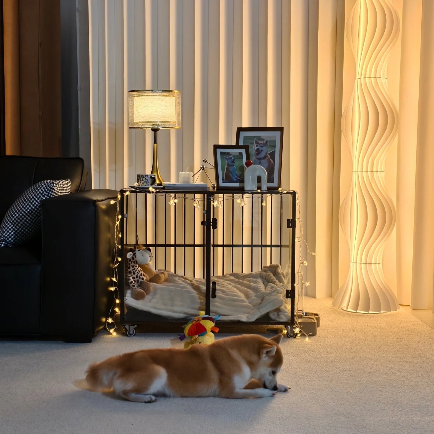 Dog Crate Furniture-Style Cages for Small and Medium Dog Rolling Tempered Glass Pet Kennels End Table Anti-bite